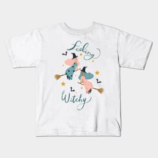 "Feeling Witchy" - Hand lettered // Pink and Blue haired witches (Halloween design) Kids T-Shirt